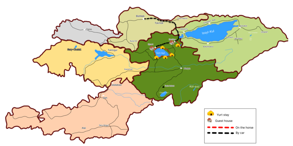 Map of the itinerary for the open group horseback riding tour with overnight stay in a yurt to discover the Kyrgyz nomads